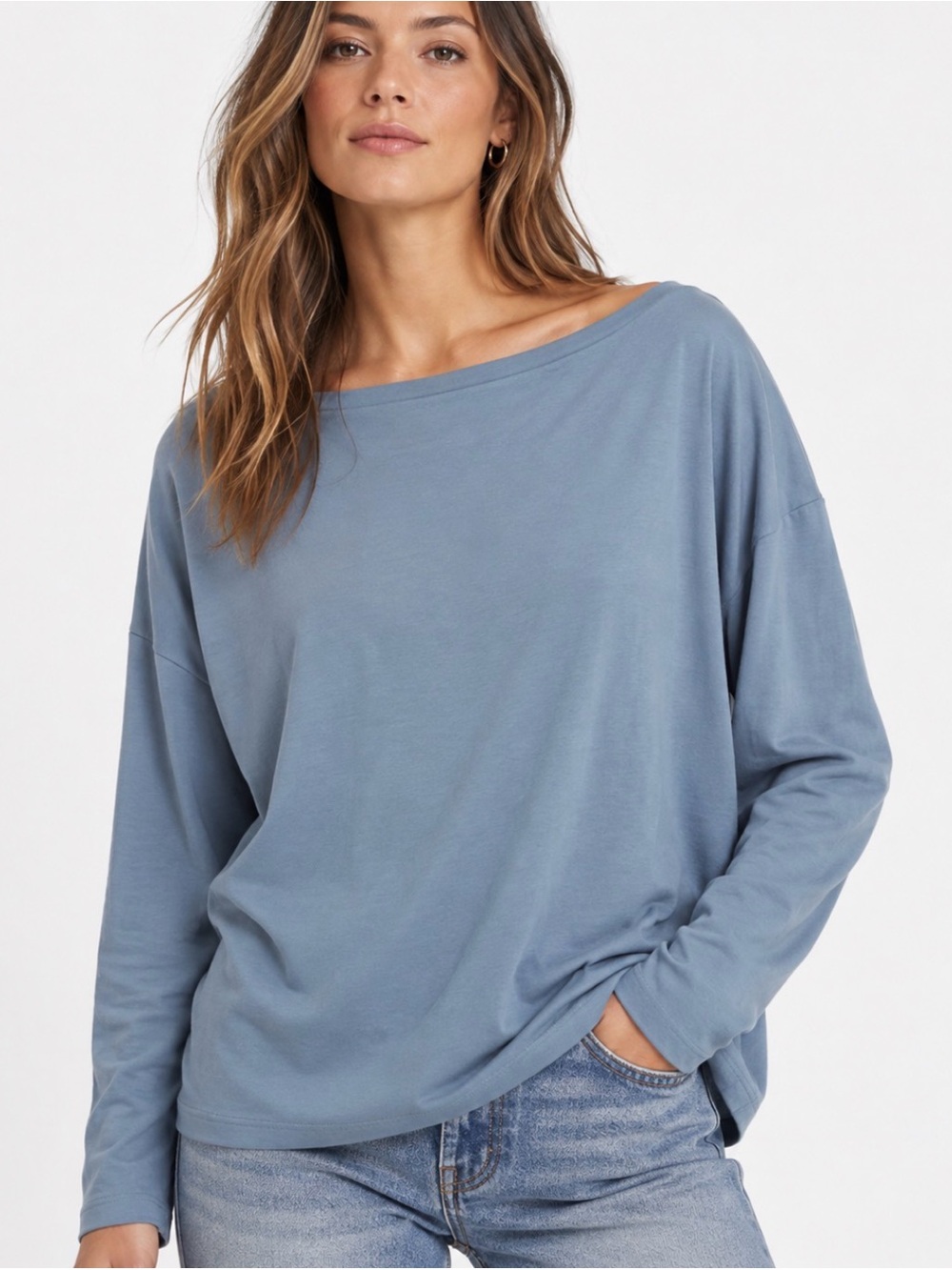 AllSaints Rita Long Sleeve Boat Neck Top Blue Size M NWOT